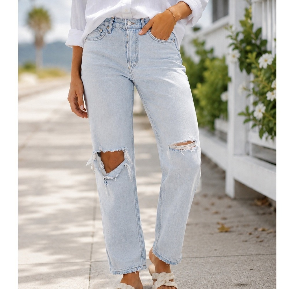 AGOLDE Riley High Rise Straight Leg Distressed Jeans Light Wash 29 Ripped crop